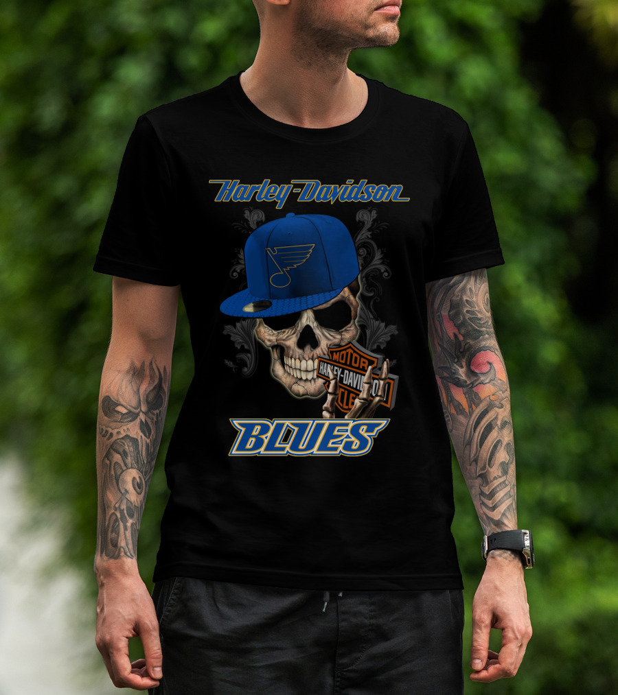 Harley Davidson St Louis Blues Skull Hat Nhl T-Shirt