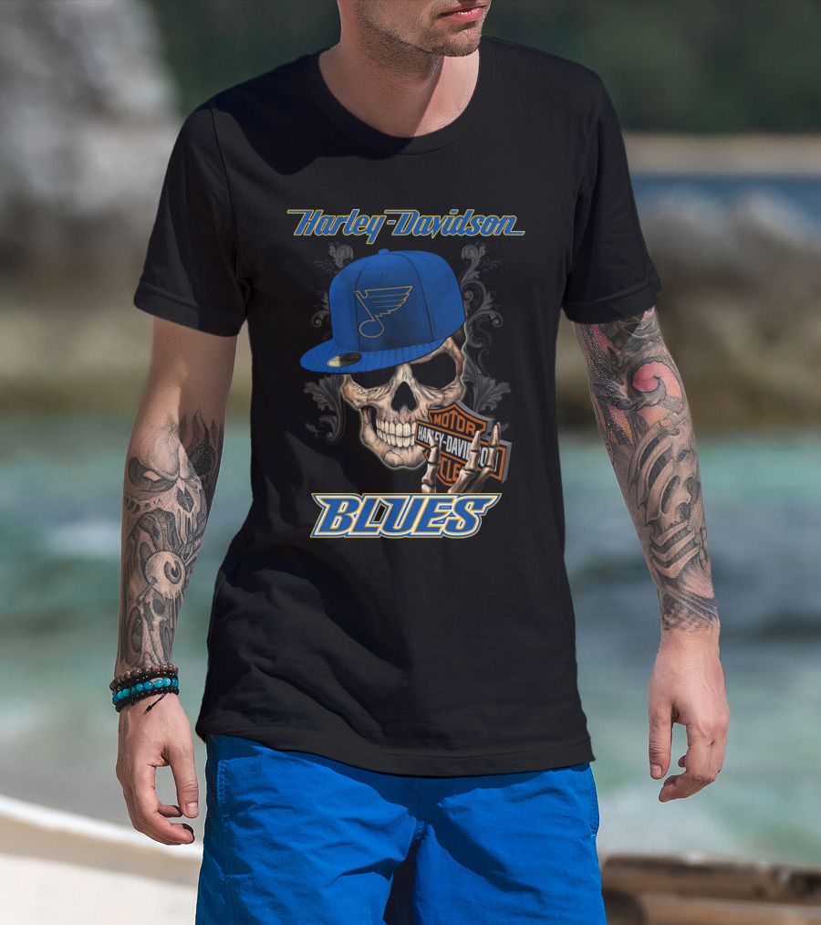 Harley Davidson St Louis Blues Skull Hat Nhl T-Shirt