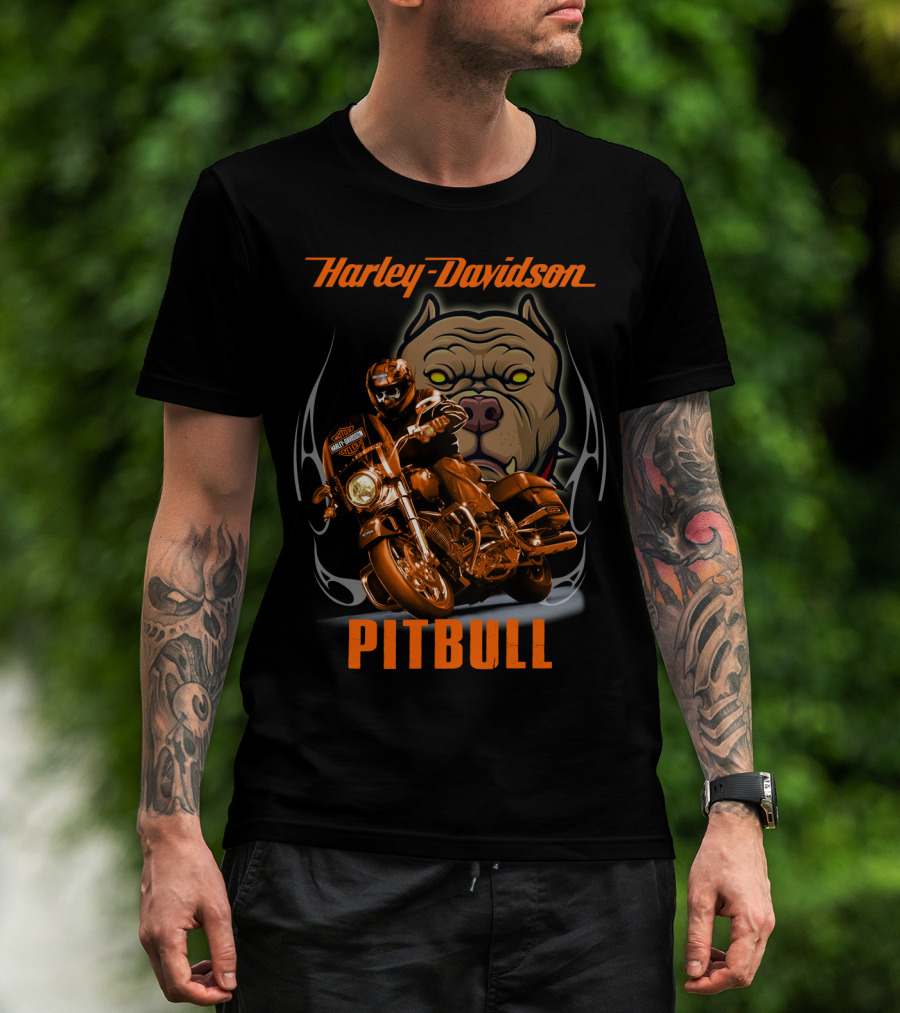 Harley Davidson Pitbull Motorcycle Rider With Dog T-Shirt