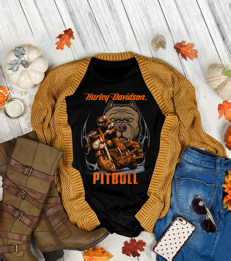 Harley Davidson Pitbull Motorcycle Rider With Dog T-Shirt