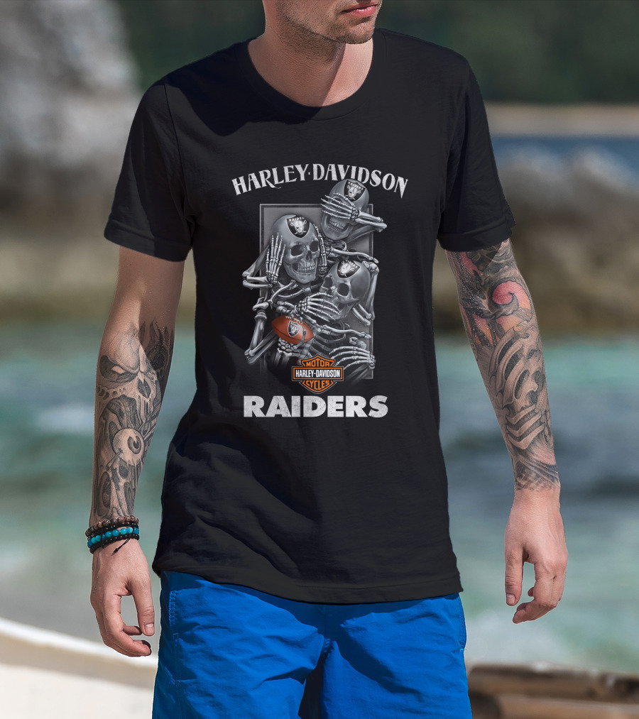 Harley Davidson Motor Cycles Raiders Nfl Oakland Raider Football Skeletons T-Shirt