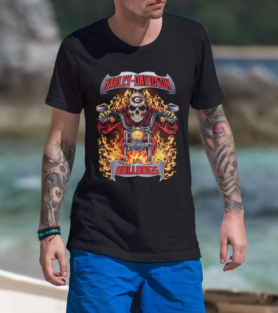 Harley Davidson Georgia Bulldogs Skull Motorcycle Flame T-Shirt