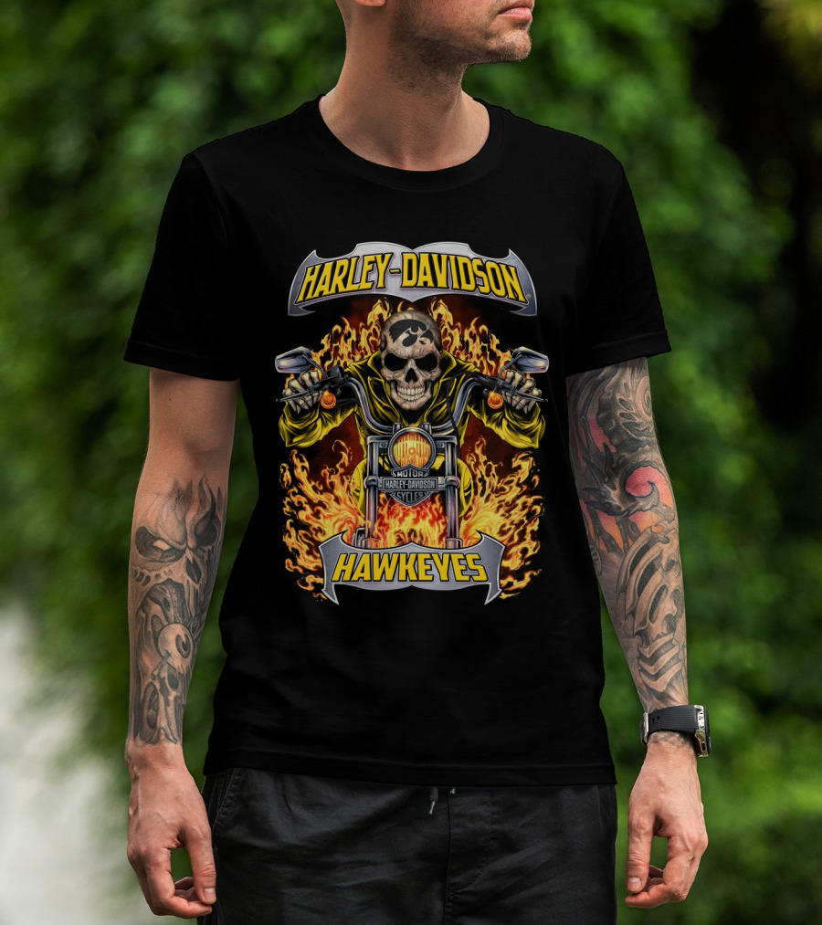 Harley Davidson Hawkeyes Iowa Ncaa Hl1502 Motorcycle Skull Flame T-Shirt