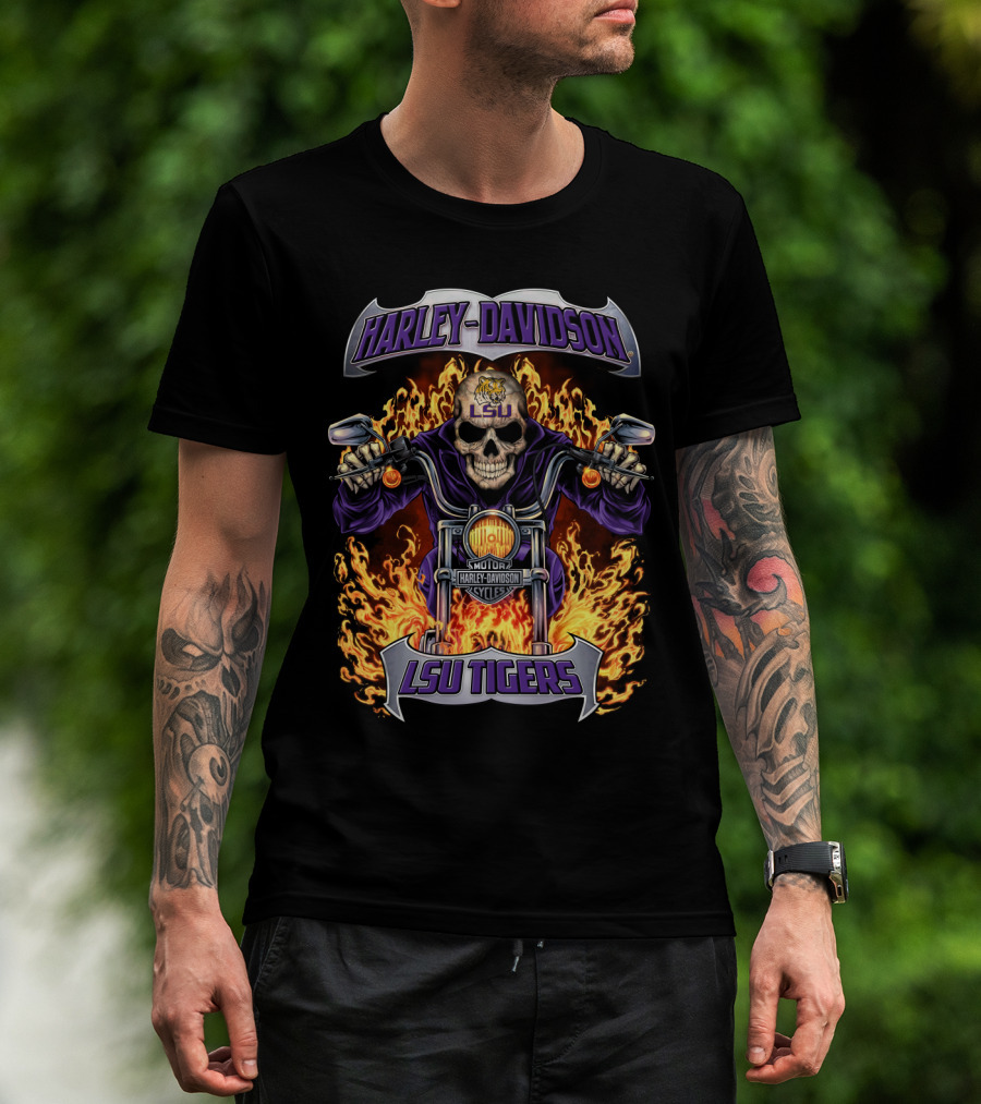 Harley Davidson Lsu Tigers Motorcycles Skull Flames T-Shirt