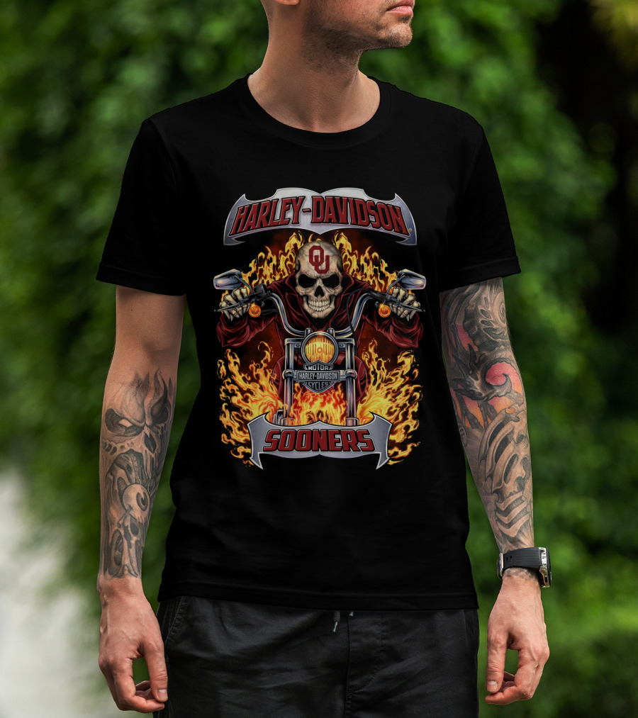 Harley Davidson Sooners Ou Skull Motorcycle Flames T-Shirt