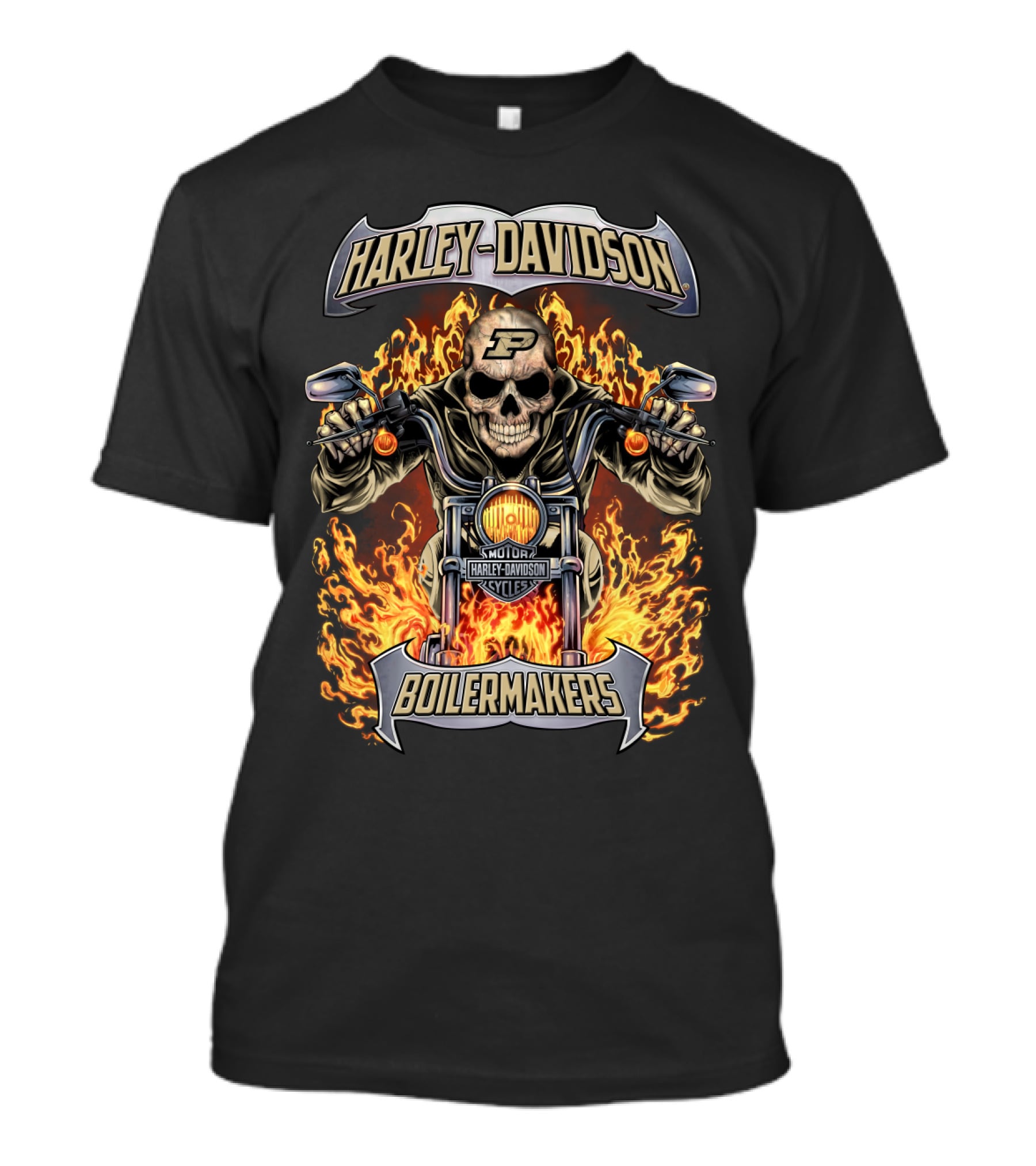 Harley Davidson Purdue Boilermakers Motorcycles Flame Skull T-Shirt