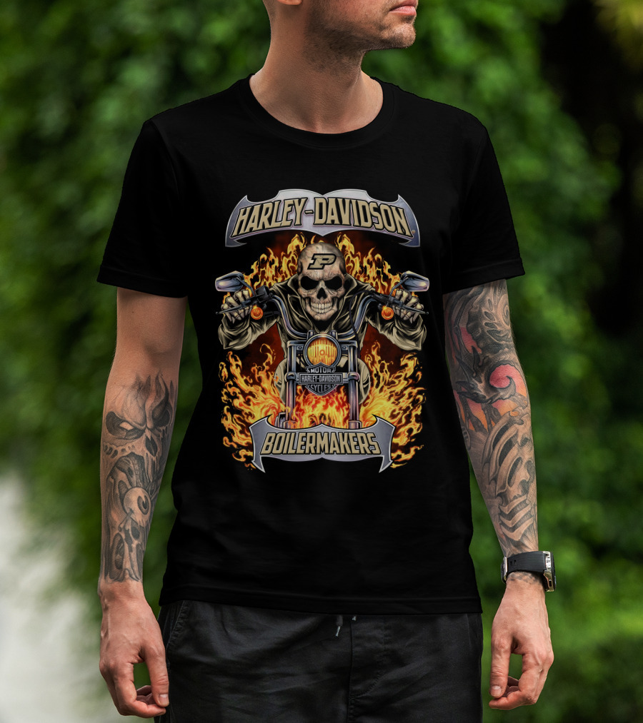 Harley Davidson Purdue Boilermakers Motorcycles Flame Skull T-Shirt