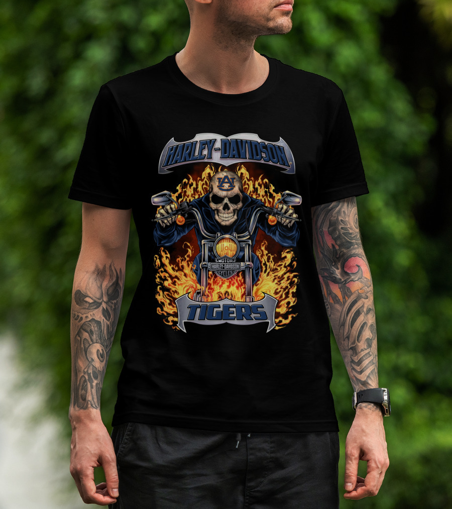 Harley Davidson Auburn Tigers Flame Skull Motocycle T-Shirt
