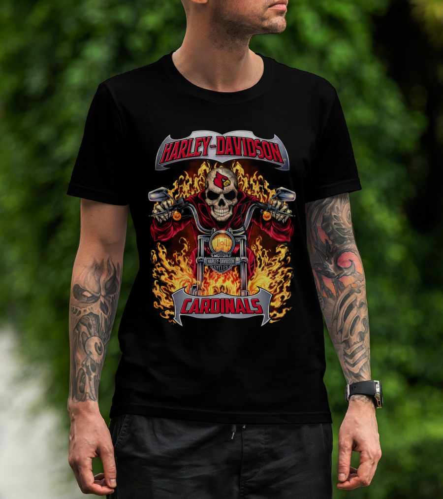 Harley Davidson Louisville Cardinals Skull Flames Motorcycle T-Shirt