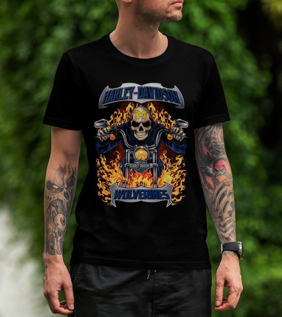 Harley Davidson Michigan Wolverines Skull Flames Motorcycles T-Shirt