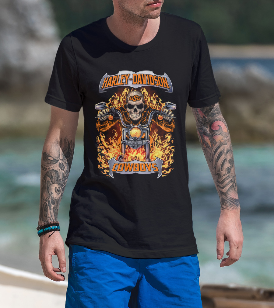 Harley Davidson Oklahoma State Cowboys Osu Skull Flames Motorcycle T-Shirt