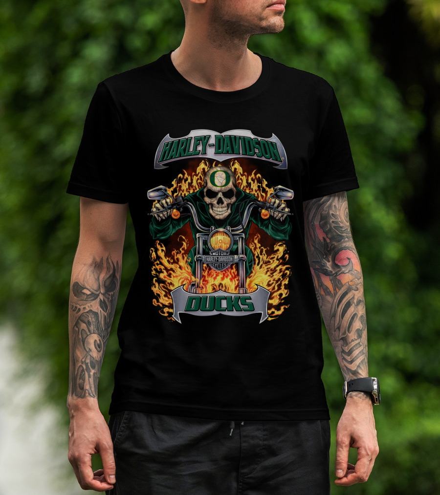Harley Davidson Oregon Ducks Skeleton Motorcycle Fire T-Shirt