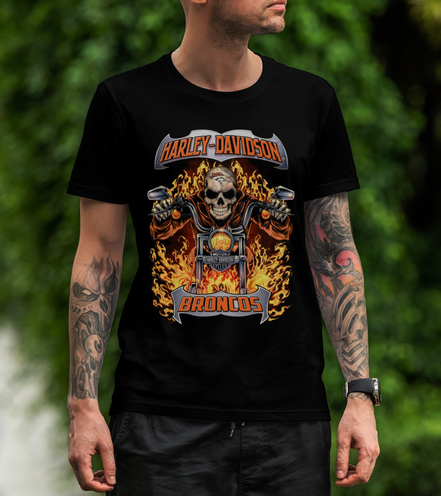 Harley Davidson Denver Broncos Skull Flames Motorcycle Nfl Hl1502 T-Shirt