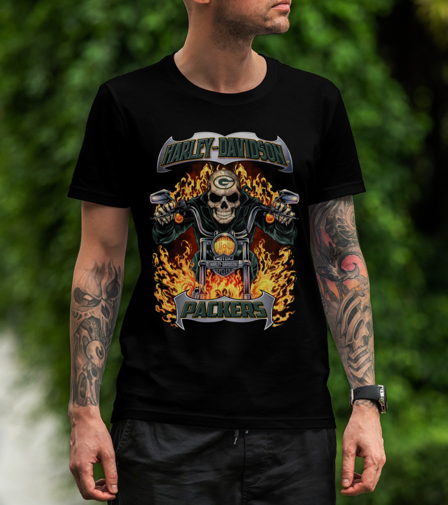 Harley Davidson Packers Skull Motorcycle Flames Green Bay T-Shirt