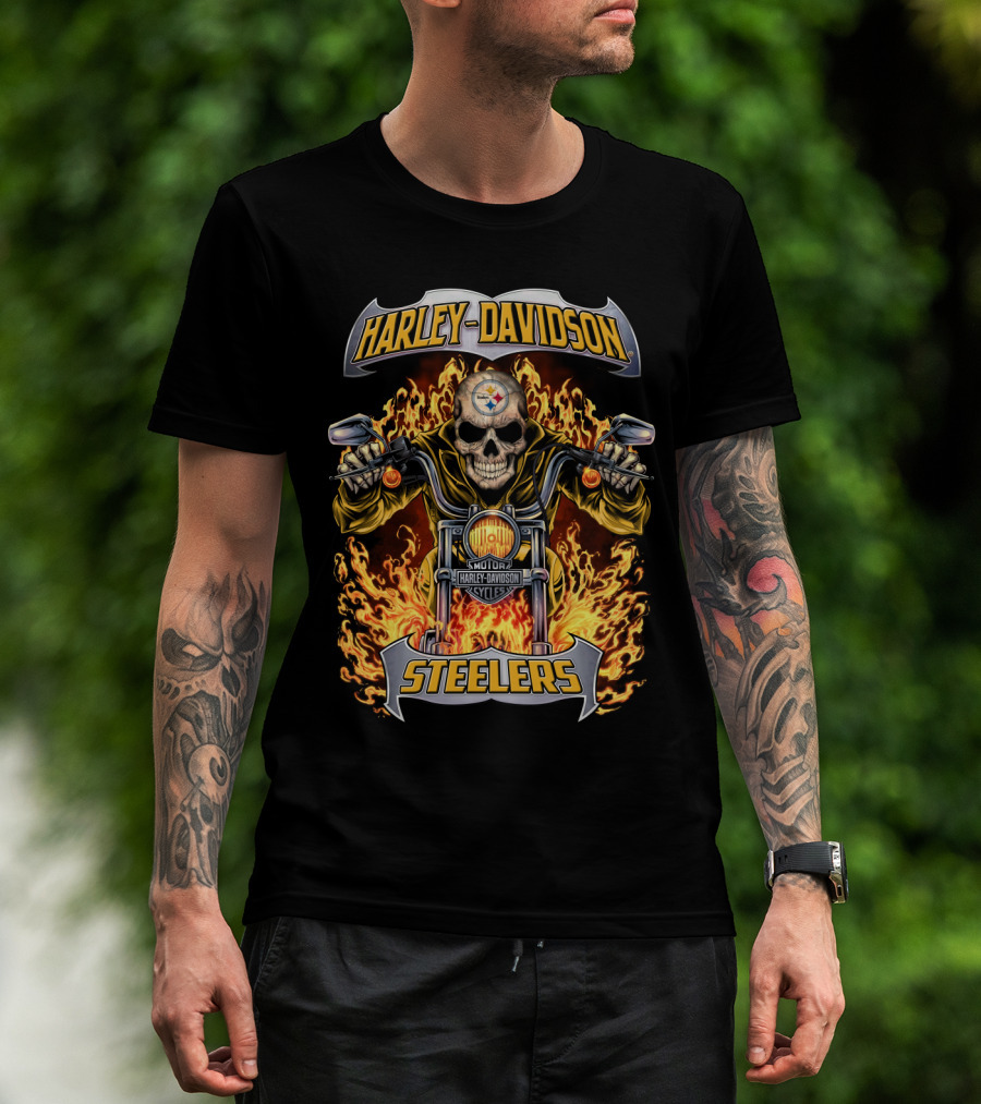 Harley Davidson Steelers Skull Flames Motorcycles Nfl Pittsburgh T-Shirt