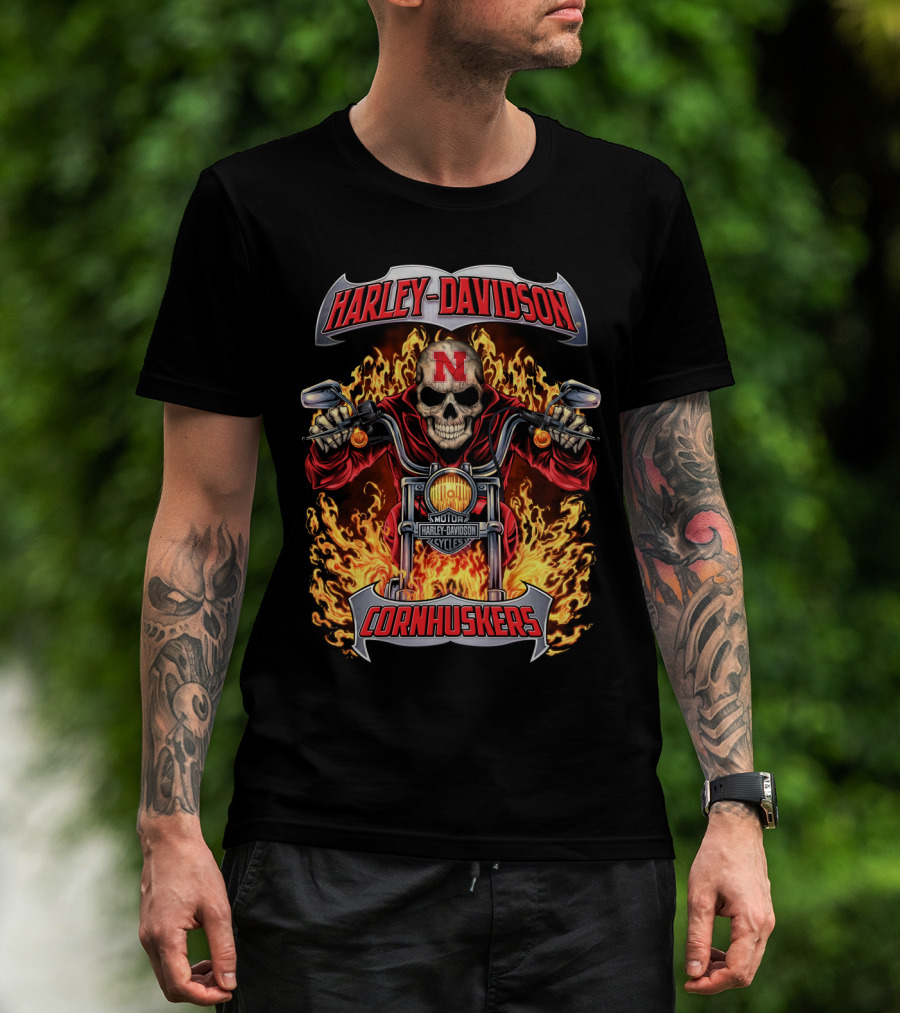 Harley Davidson Nebraska Cornhuskers Skull With Flames Motorcycle T-Shirt