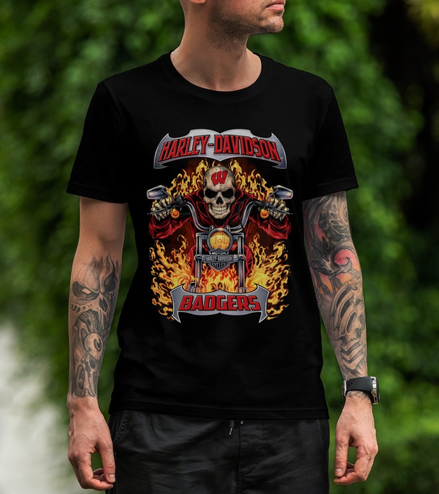 Harley Davidson Wisconsin Badgers Flaming Skull Motorcycle T-Shirt