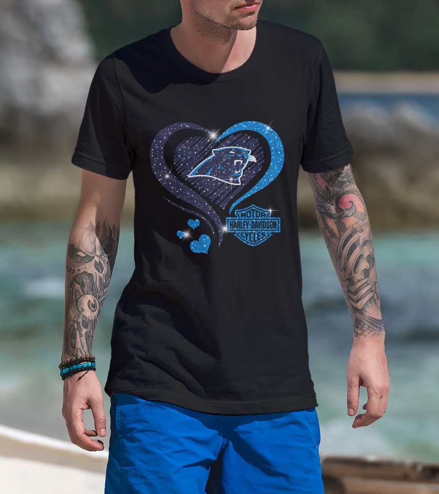 Carolina Panthers Heart Sparkle With Harley Davidson T-Shirt