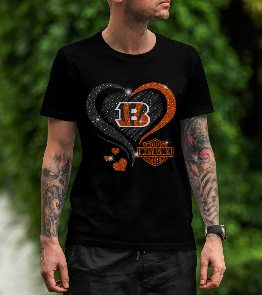 Harley Davidson Love Cincinnati Bengals Hearts Sparkle T-Shirt