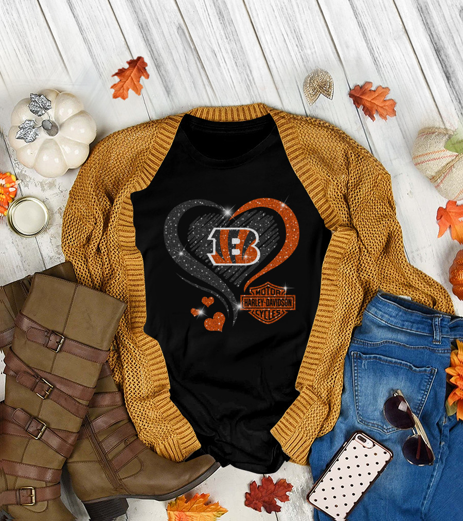 Harley Davidson Love Cincinnati Bengals Hearts Sparkle T-Shirt
