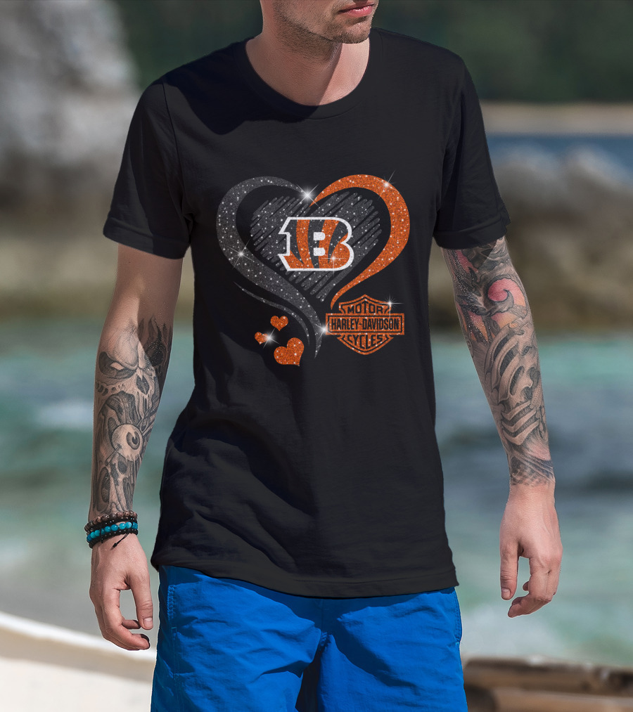 Harley Davidson Love Cincinnati Bengals Hearts Sparkle T-Shirt