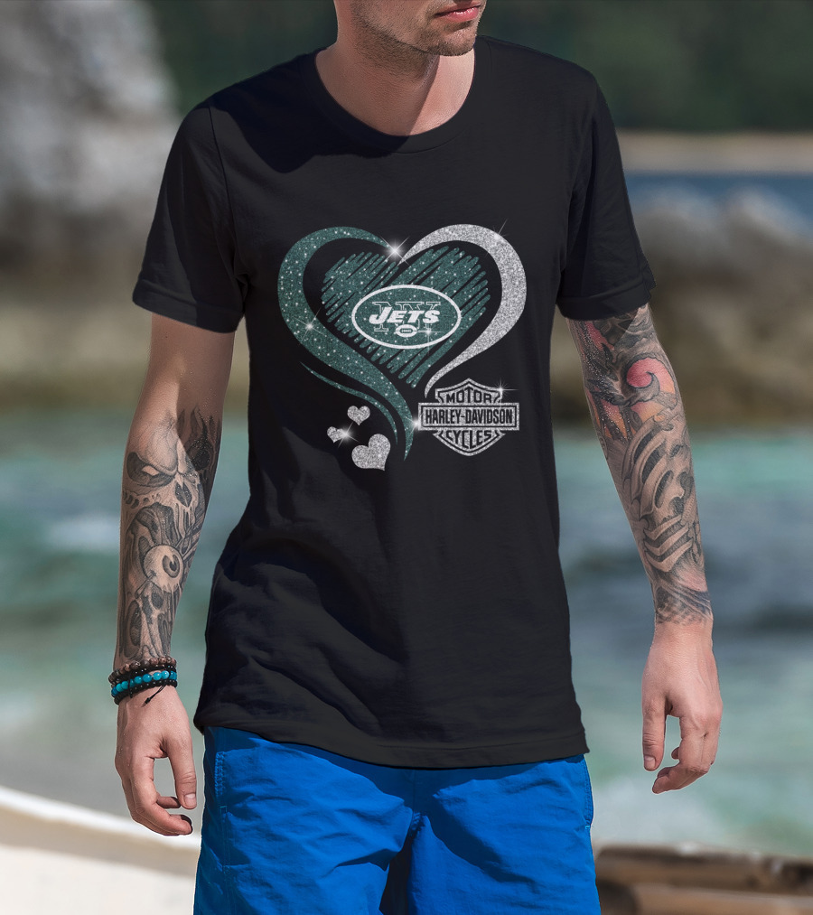 New York Jets Heart Harley Davidson Motor Cycles T-Shirt