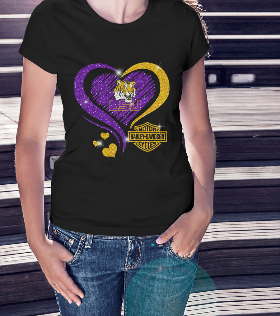 Lsu Tigers Harley Davidson Heart Ncaa Fan Gear T-Shirt