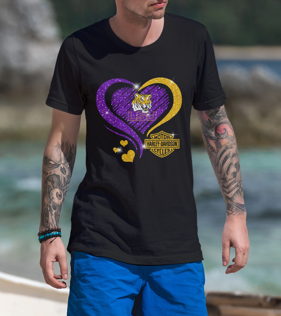 Lsu Tigers Harley Davidson Heart Ncaa Fan Gear T-Shirt