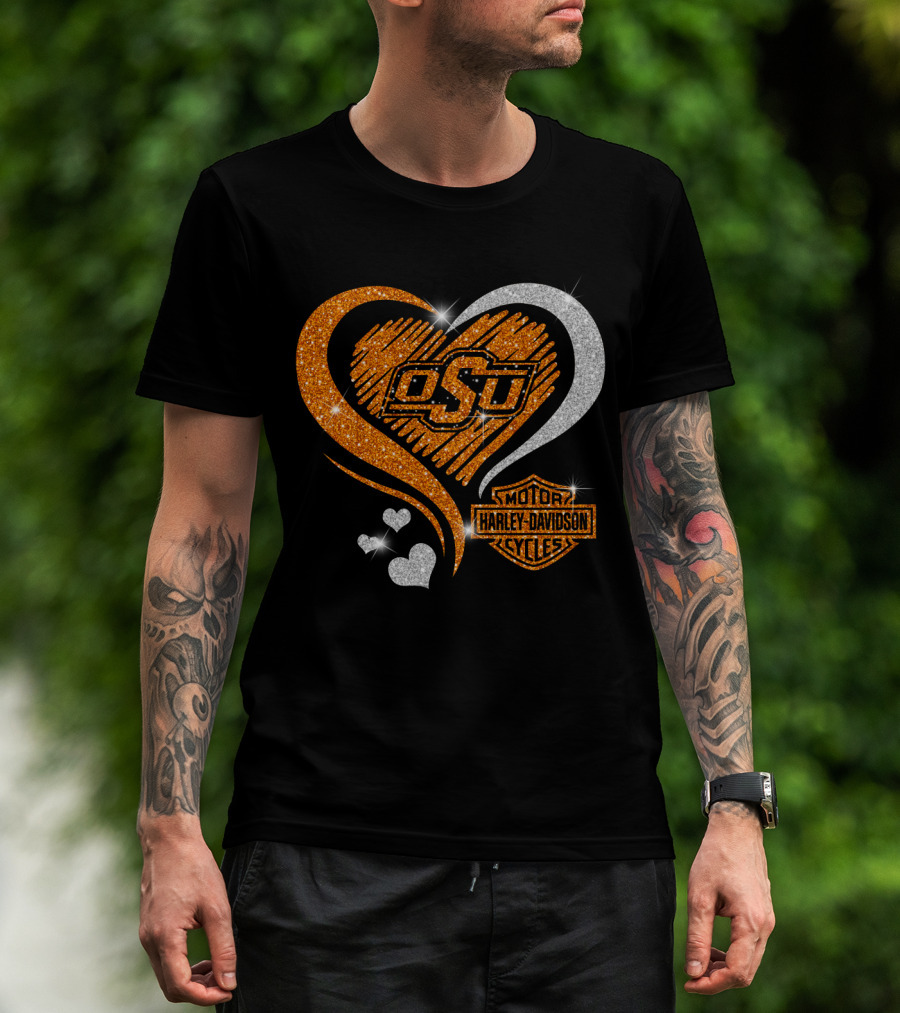 Osu Heart With Harley Davidson Logo And Oklahoma State Cowboys T-Shirt