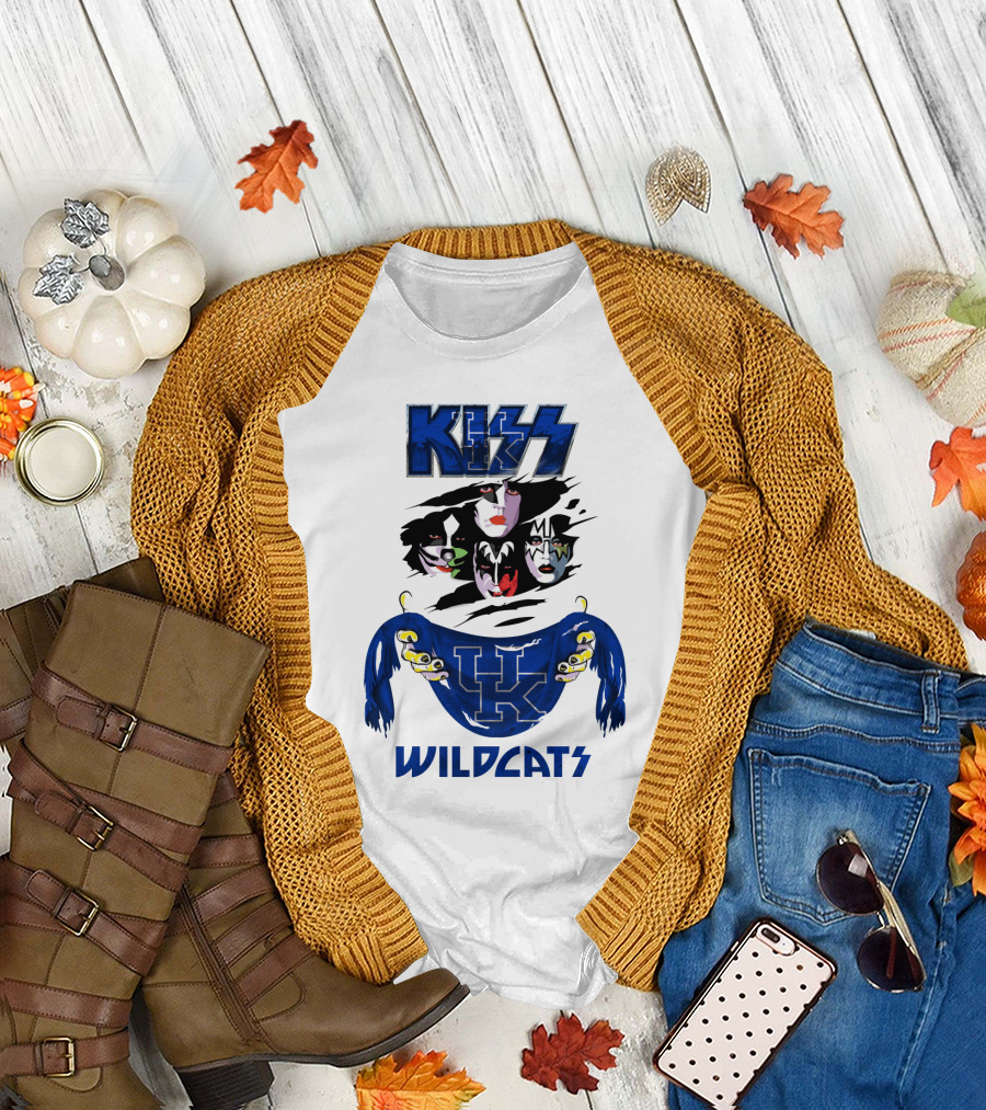 KISS Kentucky Wildcats Ncaa Wildcats Logo Masked Band Faces T-Shirt