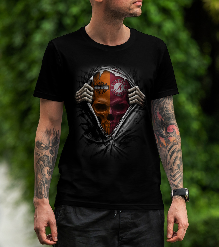 Alabama Crimson Tide Harley Davidson Dual Skull Motif T-Shirt