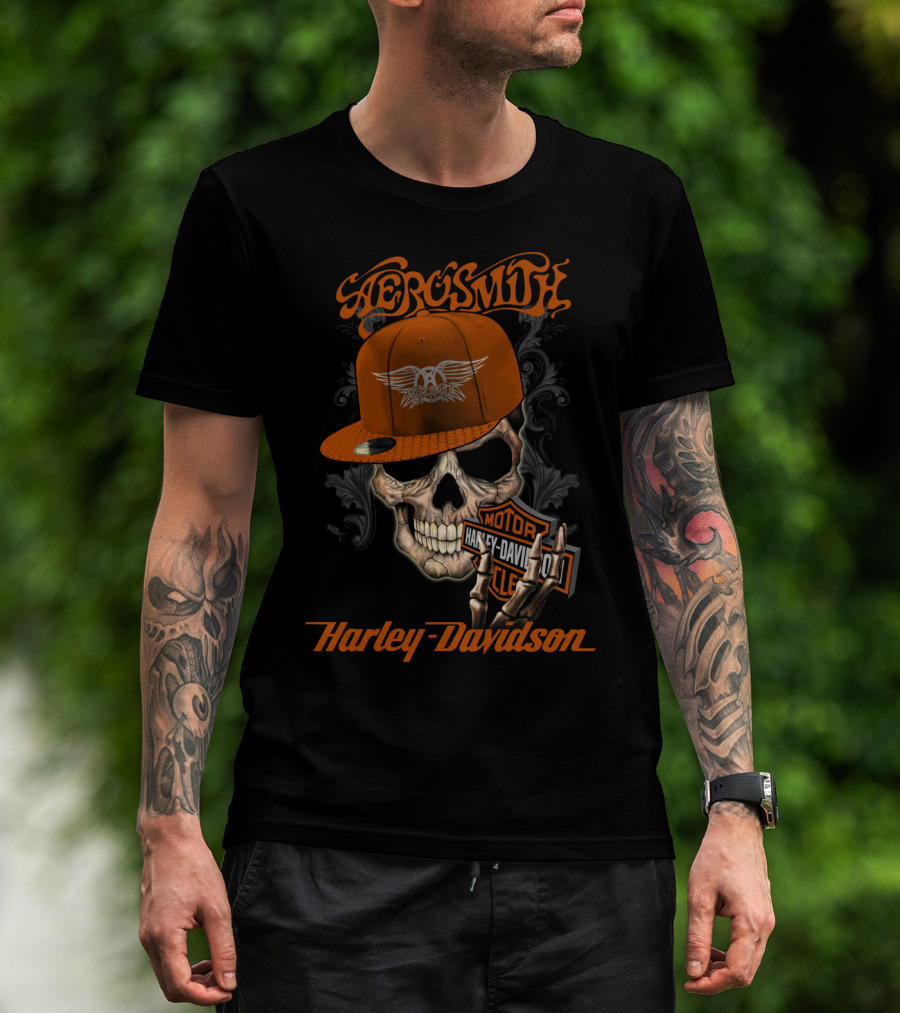 Aerosmith Harley Davidson Skull With Cap T-Shirt