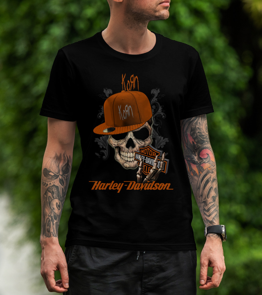 Korn Harley Davidson Skull With Orange Cap T-Shirt