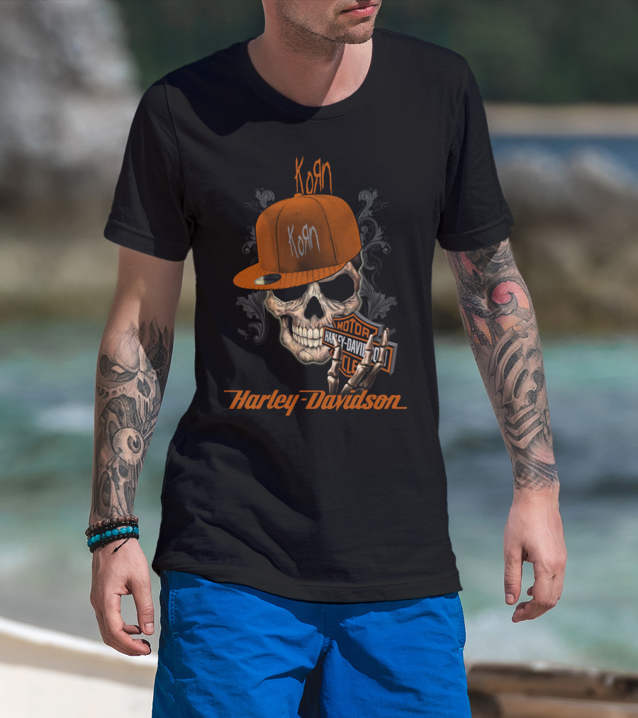 Korn Harley Davidson Skull With Orange Cap T-Shirt