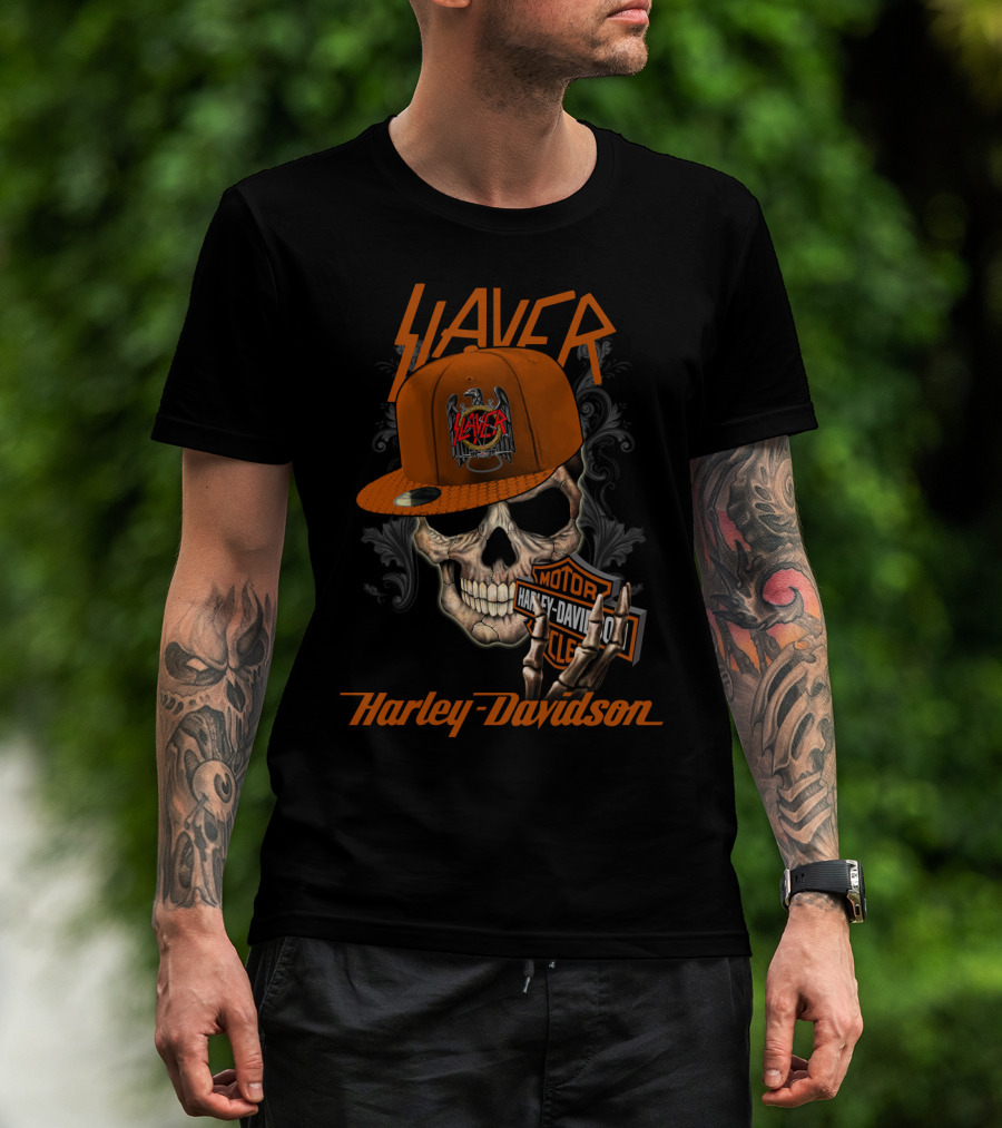 Slayer Harley Davidson Skull With Hat Moto Art T-Shirt