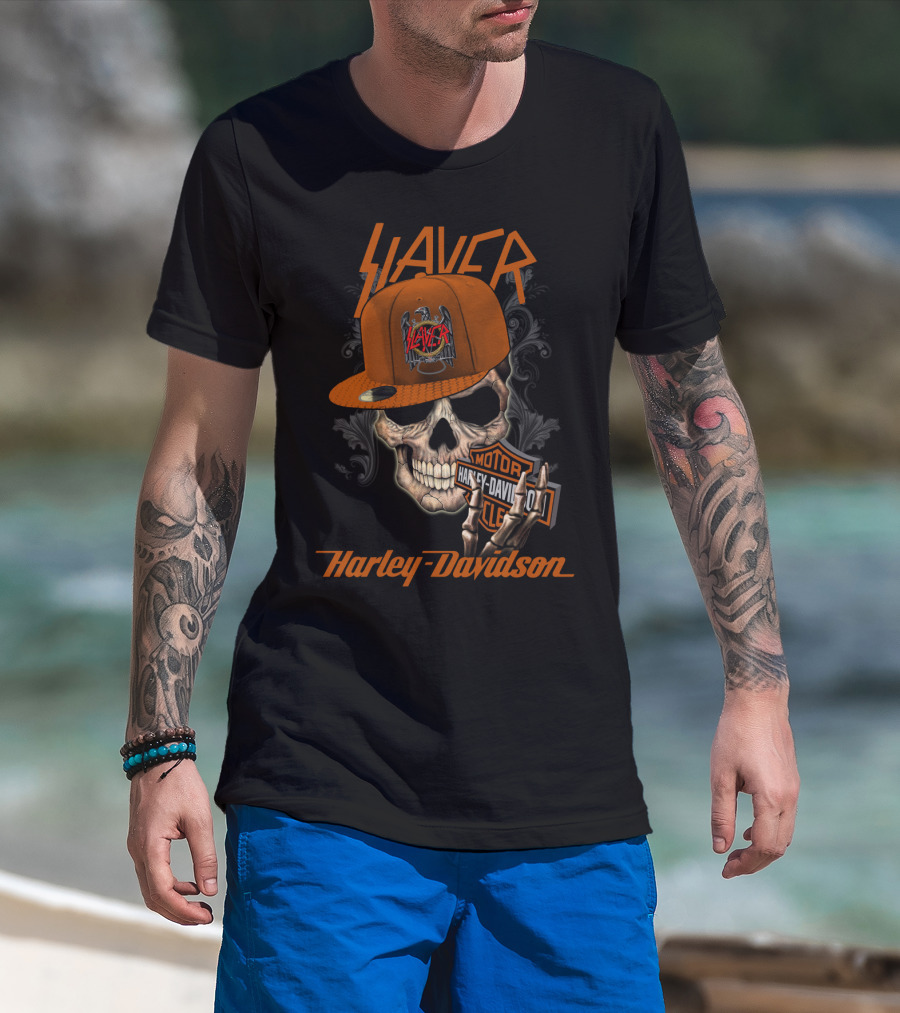 Slayer Harley Davidson Skull With Hat Moto Art T-Shirt
