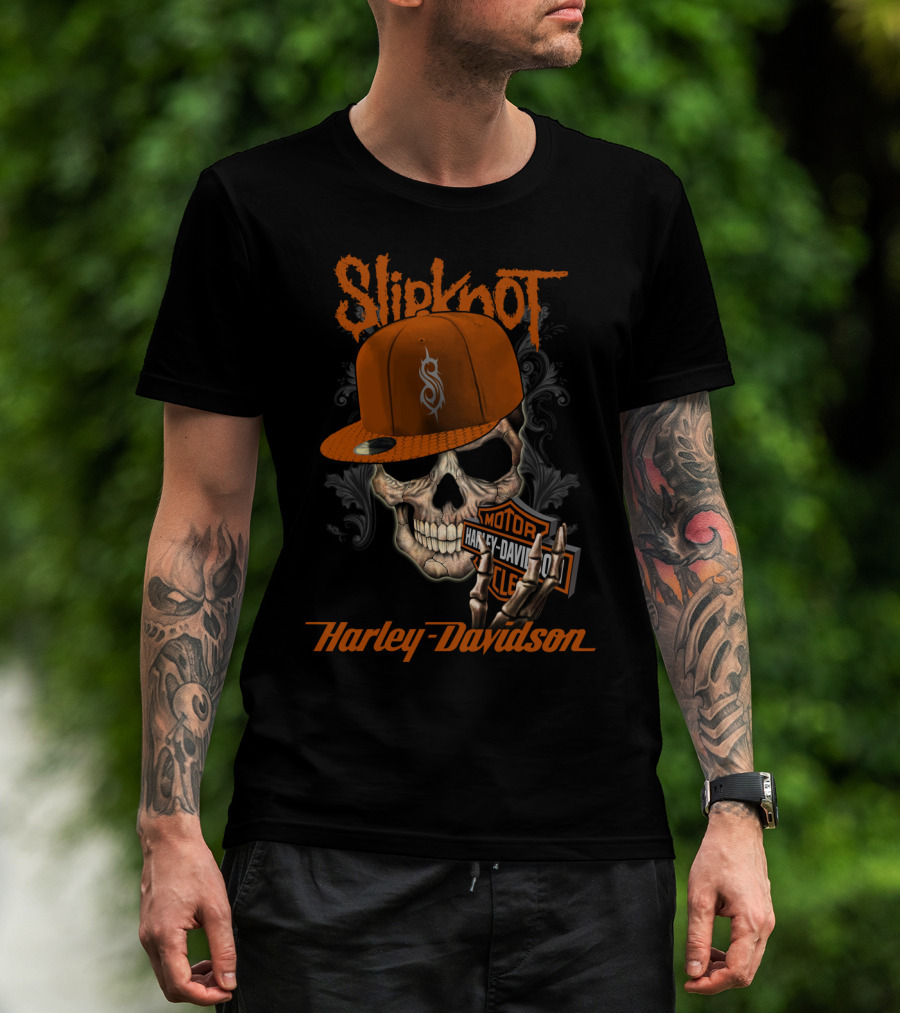 Slipknot Harley Davidson Skull With Orange Cap T-Shirt