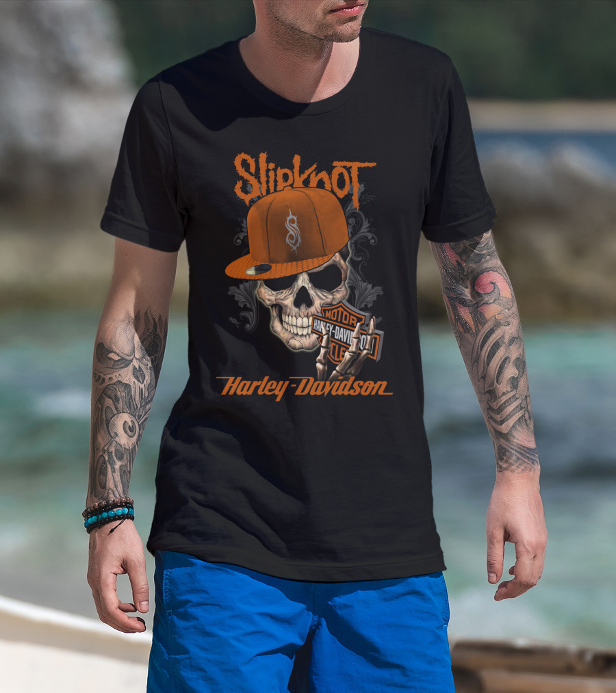 Slipknot Harley Davidson Skull With Orange Cap T-Shirt