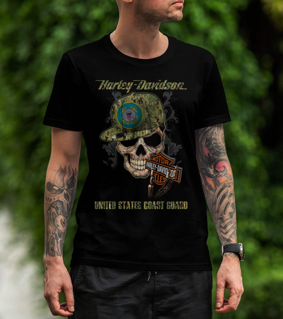 Harley Davidson United States Coast Guard Skull With Camo Cap T-Shirt
