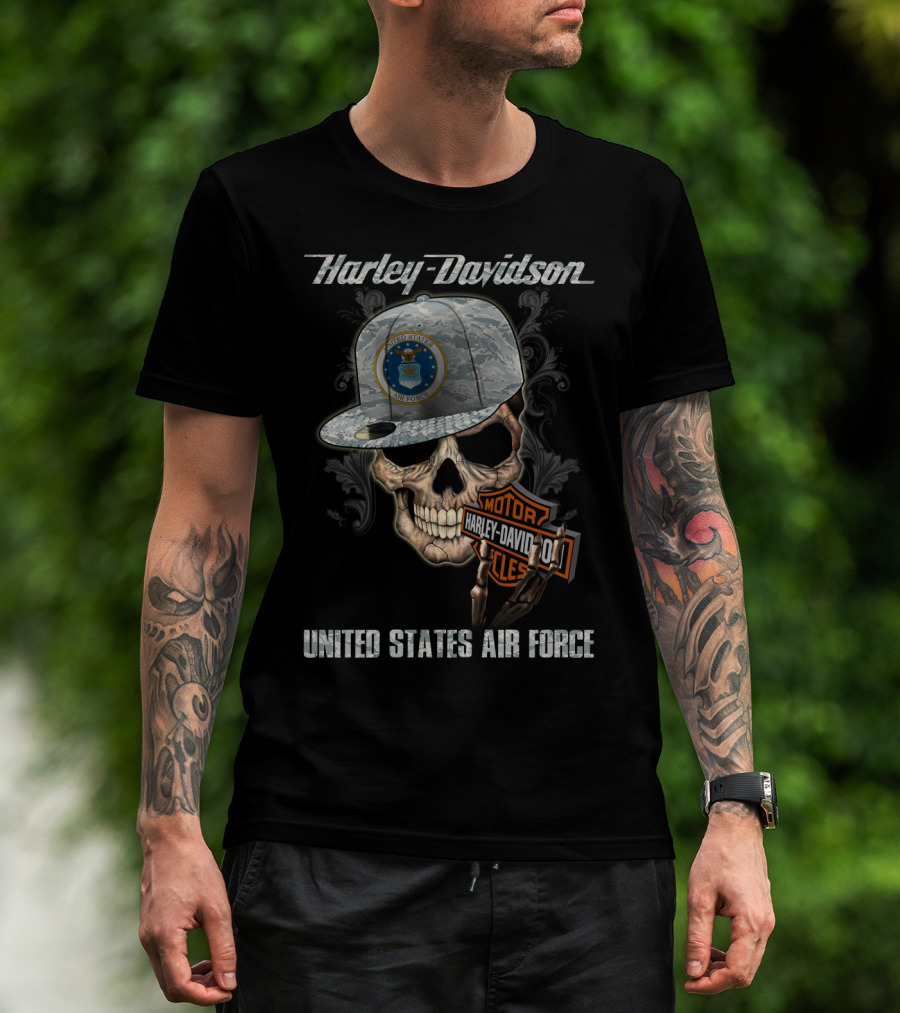 Harley Davidson Skull With United States Air Force Logo And Badge T-Shirt