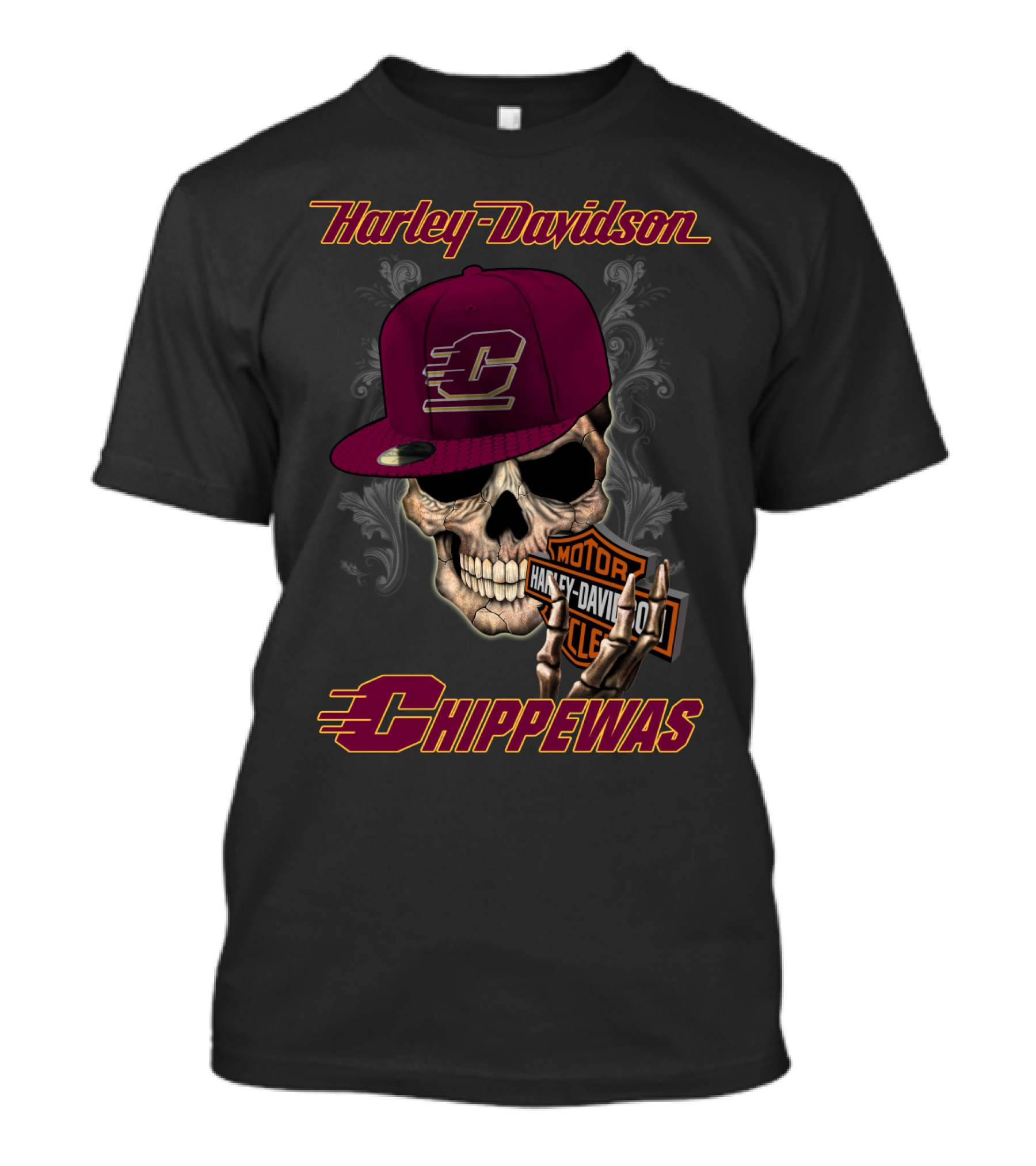 Harley Davidson Central Michigan Chippewas Skull With Cap T-Shirt