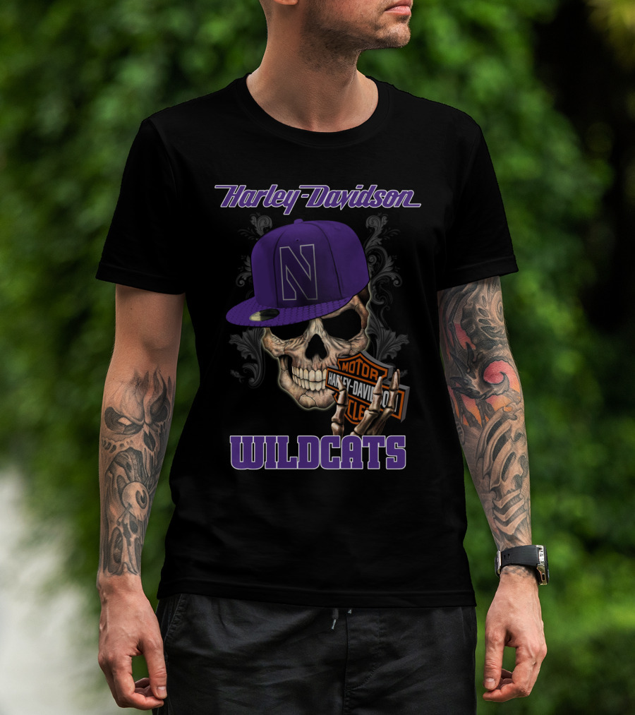 Harley Davidson Northwestern Wildcats Skull Cap T-Shirt