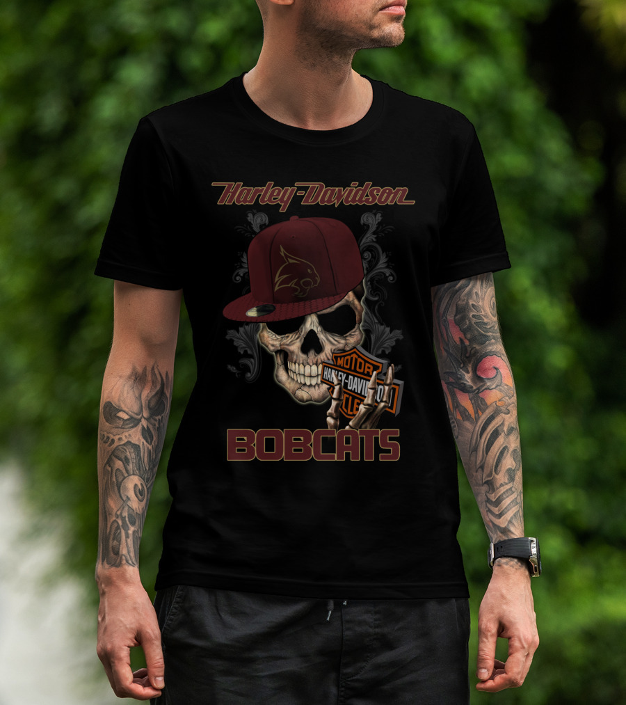 Harley Davidson Bobcats Skull With Texas State Emblem And Cap T-Shirt