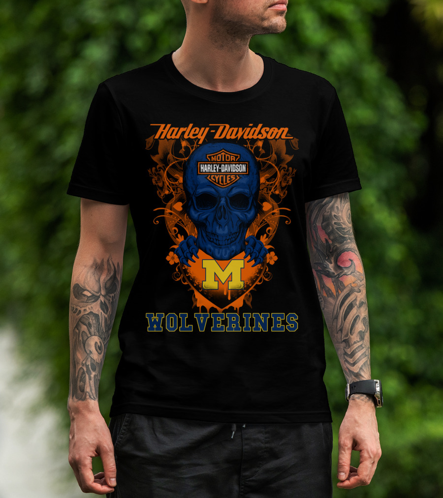 Harley Davidson Motor Cycles Skull Michigan Wolverines T-Shirt