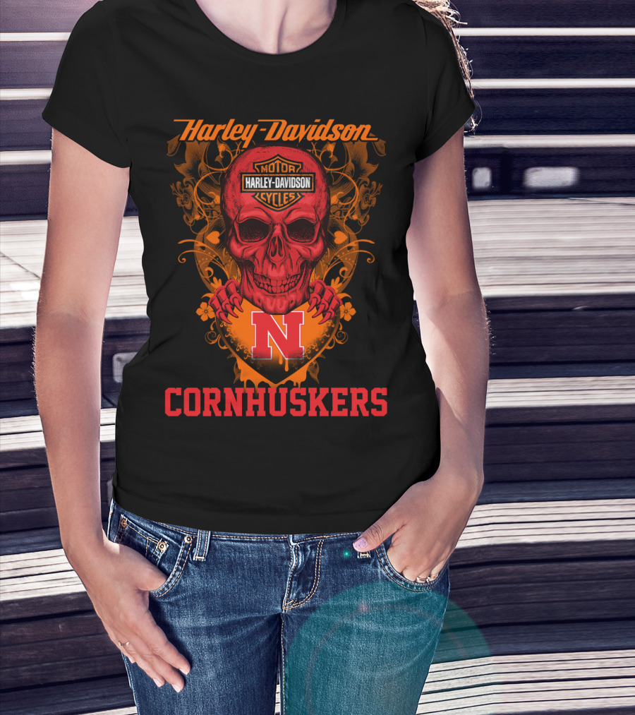 Harley Davidson Motor Cycles Nebraska Cornhuskers Skull T-Shirt