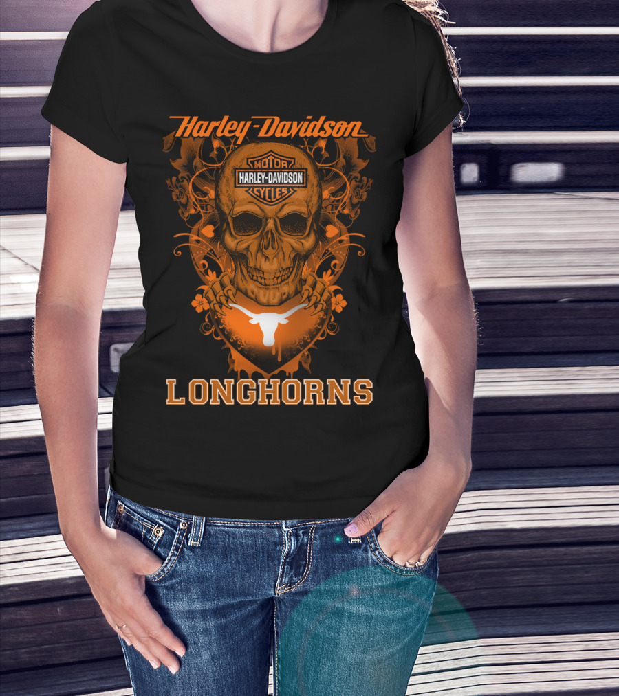 Harley Davidson Motor Cycles Skull Texas Longhorns T-Shirt
