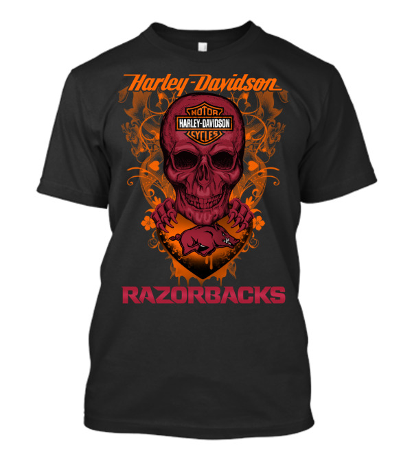 Harley Davidson Motor Cycles Razorbacks Skull Badge T-Shirt