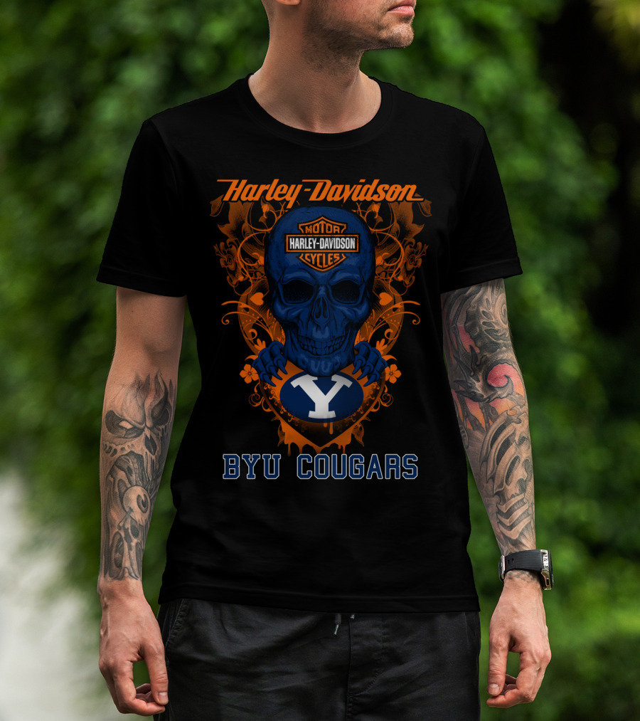 Harley Davidson Blue Skull With Byu Cougars T-Shirt