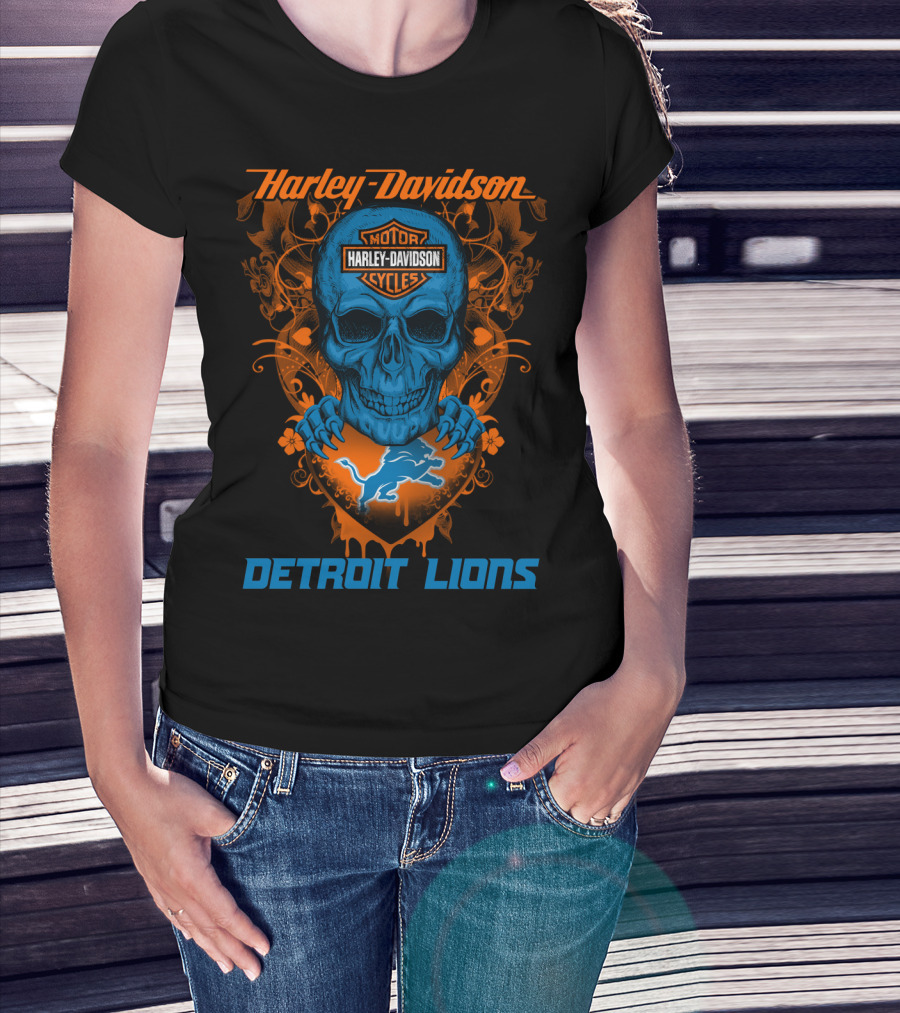 Harley Davidson Motor Detroit Lions Skull T-Shirt