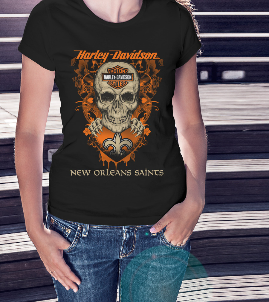 Harley Davidson New Orleans Saints Skull And Fleur-De-Lis T-Shirt